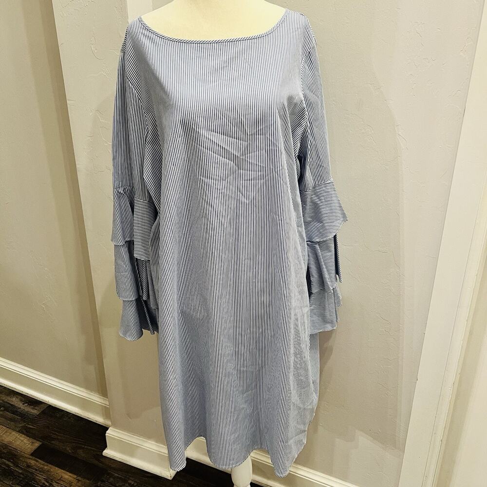 Philosophy Blue/White Striped Scoop Neck Long Sleeve Ruffled Dress- 14